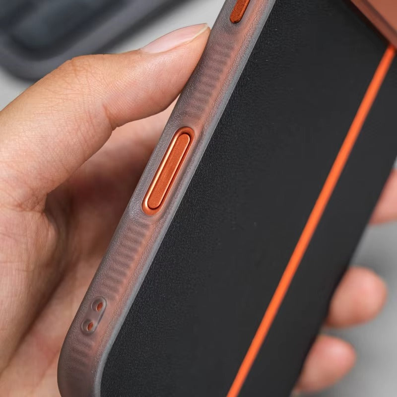 Luxury iPhone Case — Frosted PU Leather Texture MagSafe Armor Cover with Alloy Lens Protection, Matte Anti-Fingerprint Finish and Shockproof TPU Edge Design