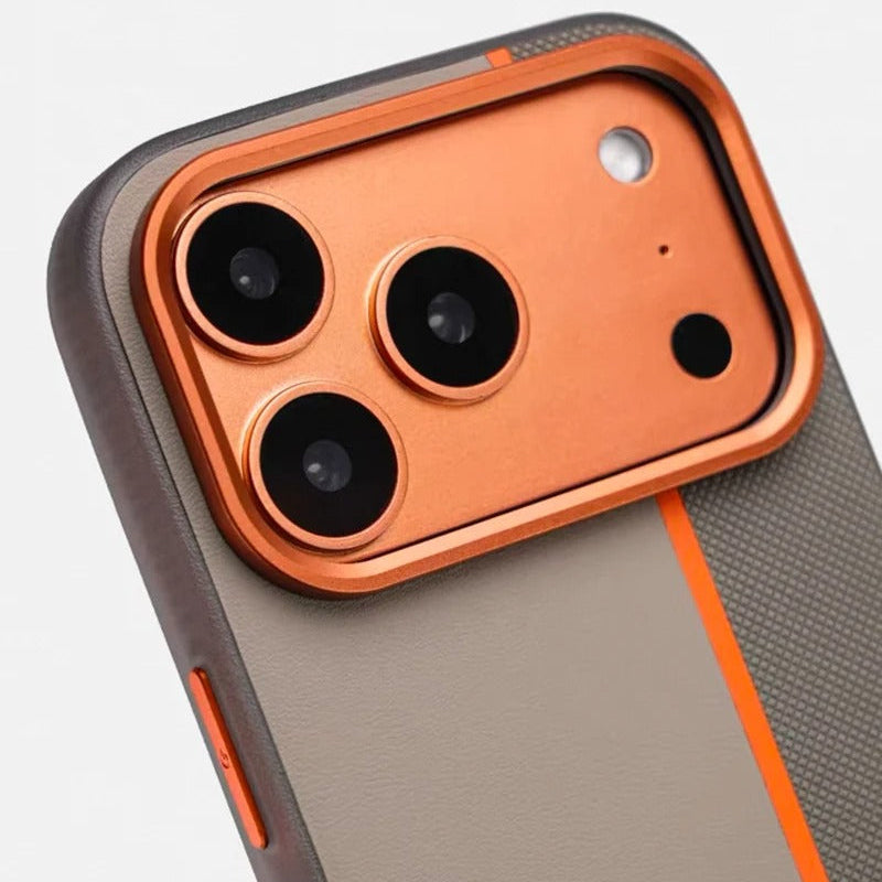 Luxury iPhone Case — Frosted PU Leather Texture MagSafe Armor Cover with Alloy Lens Protection, Matte Anti-Fingerprint Finish and Shockproof TPU Edge Design