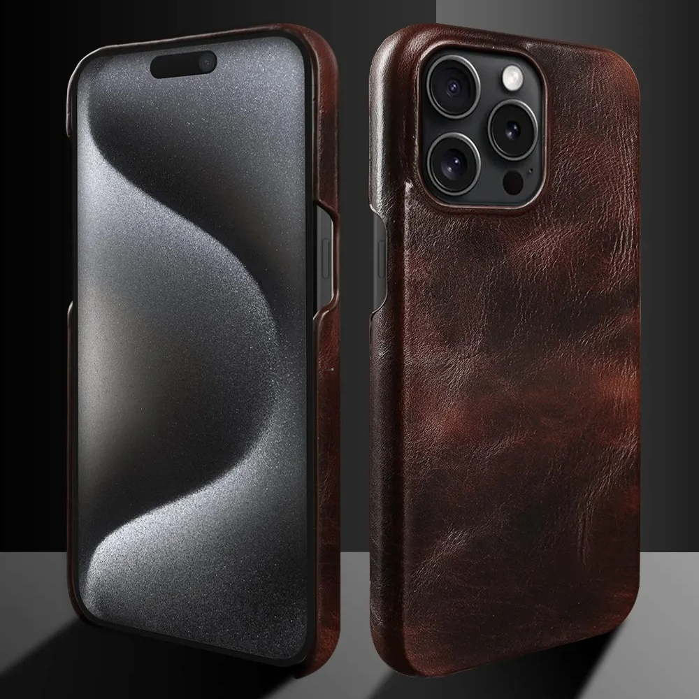 Luxury iPhone Case — Genuine Cowhide Leather Back Cover with Retro Vintage Design, Shockproof PC Protection and Raised Camera Lips