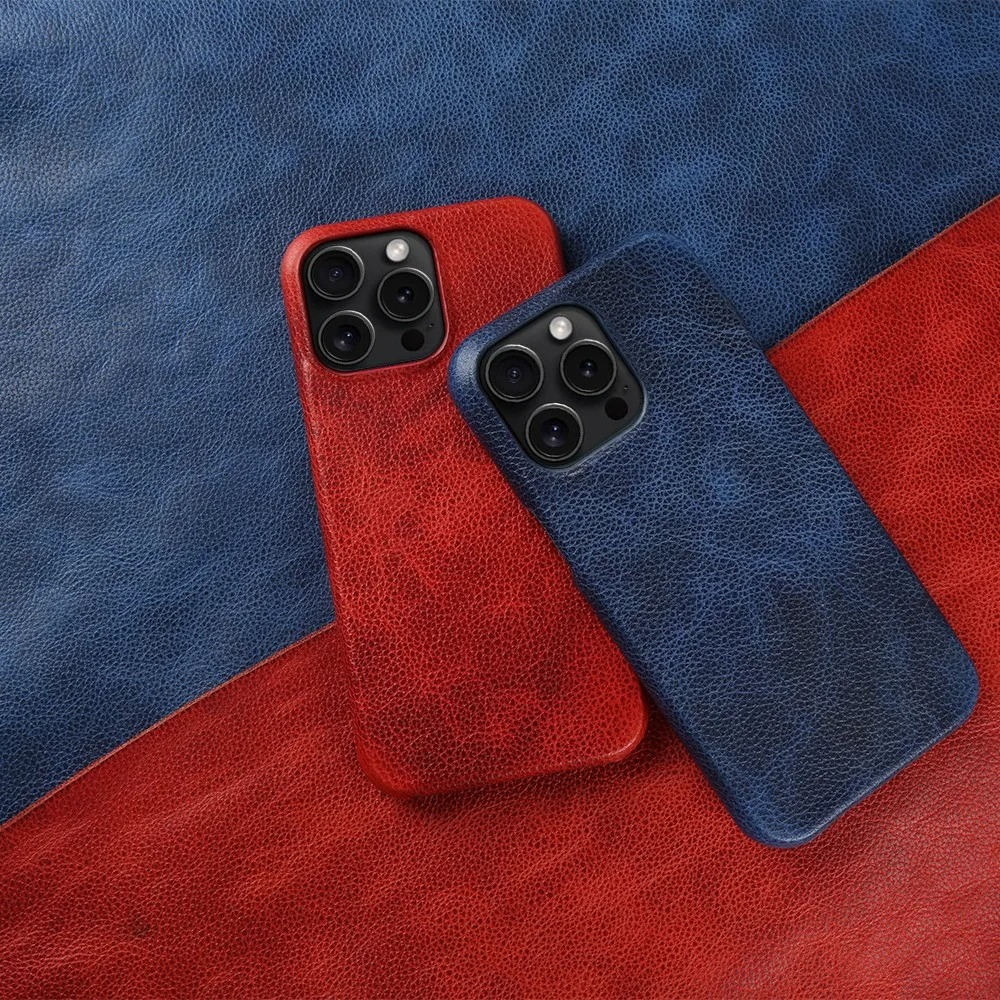 Luxury iPhone Case — Genuine Cowhide Leather Back Cover with Retro Vintage Design, Shockproof PC Protection and Raised Camera Lips