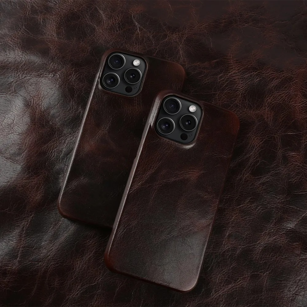 Luxury iPhone Case — Genuine Cowhide Leather Back Cover with Retro Vintage Design, Shockproof PC Protection and Raised Camera Lips