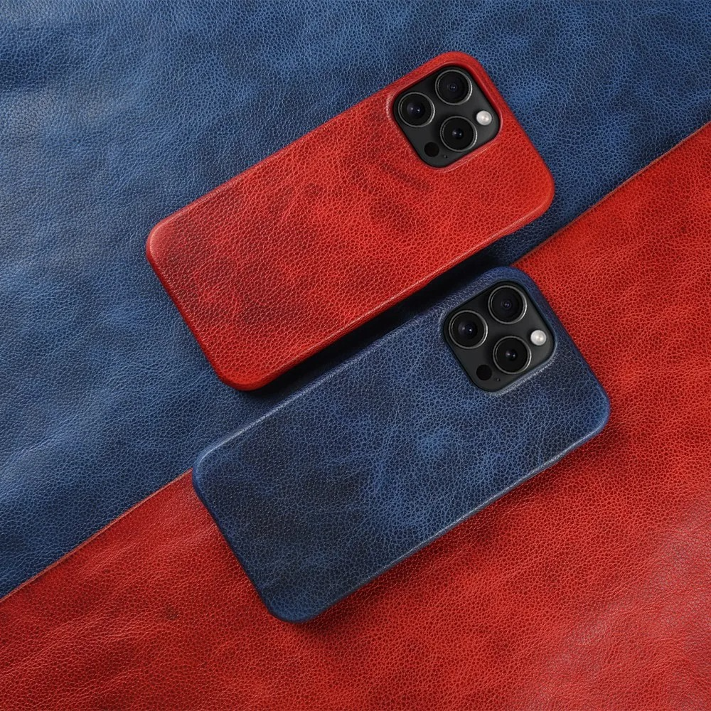 Luxury iPhone Case — Genuine Cowhide Leather Back Cover with Retro Vintage Design, Shockproof PC Protection and Raised Camera Lips
