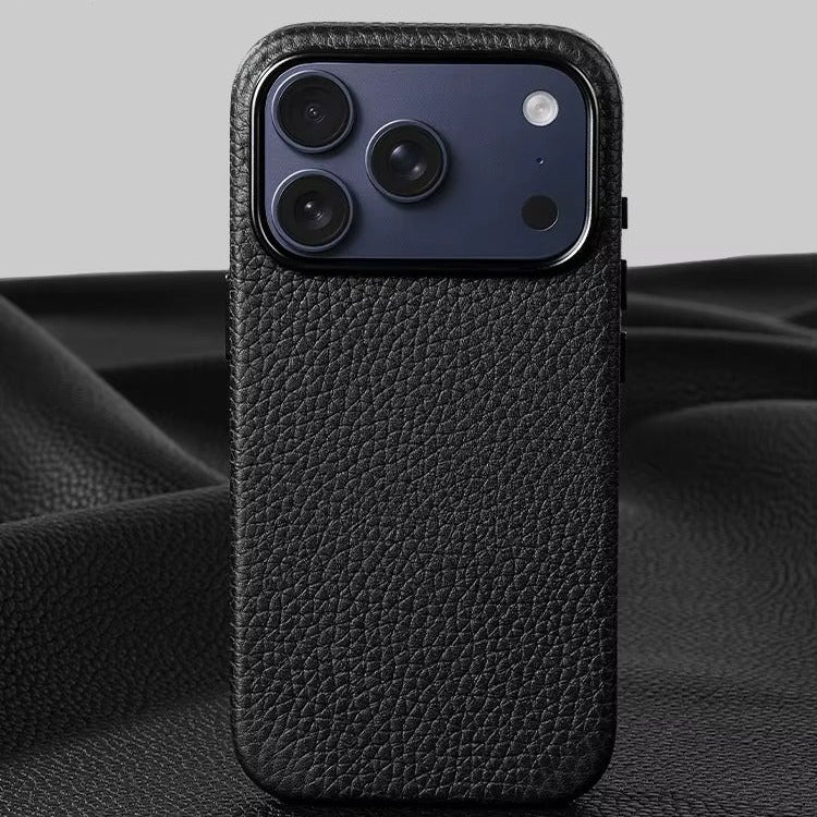 Luxury iPhone Case — Genuine Cowhide Leather MagSafe Cover with Camera Button, Slim Shockproof Design and Anti-Fingerprint Soft Microfiber Lining