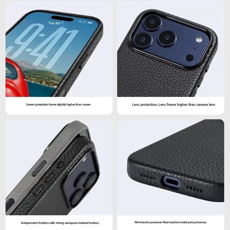 Luxury iPhone Case — Genuine Cowhide Leather MagSafe Cover with Camera Button, Slim Shockproof Design and Anti-Fingerprint Soft Microfiber Lining
