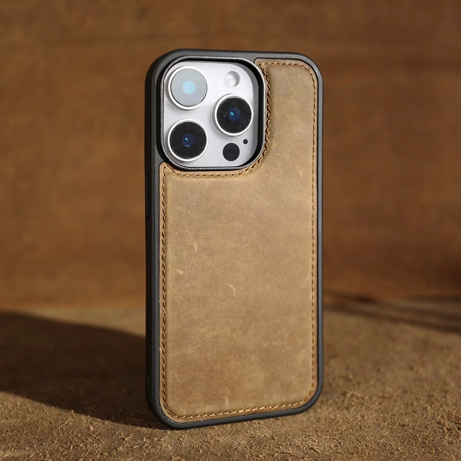 Luxury iPhone Case — Genuine Crazy Horse Leather Cover with Shockproof Full-Protection Design, Anti-Fingerprint Finish and Raised Camera Lips