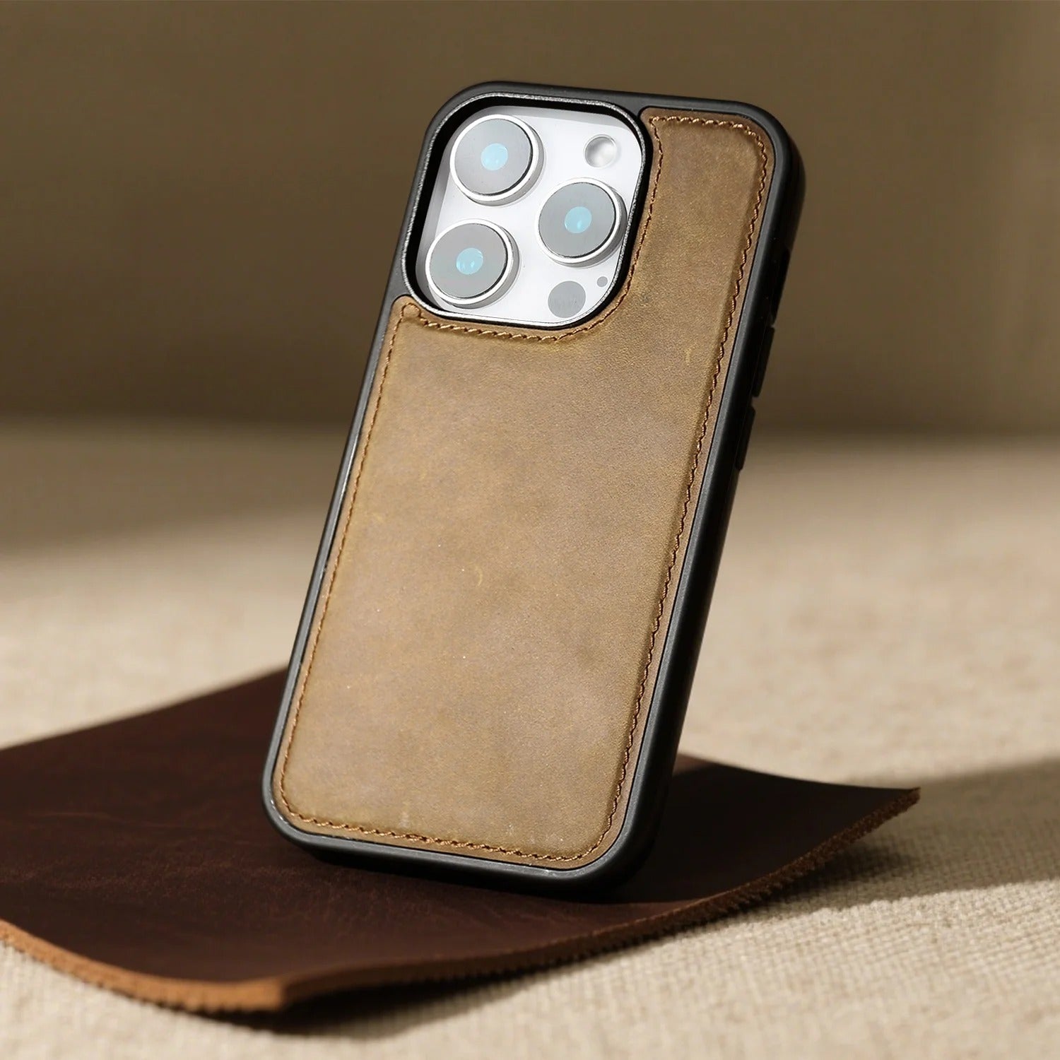 Luxury iPhone Case — Genuine Crazy Horse Leather Cover with Shockproof Full-Protection Design, Anti-Fingerprint Finish and Raised Camera Lips