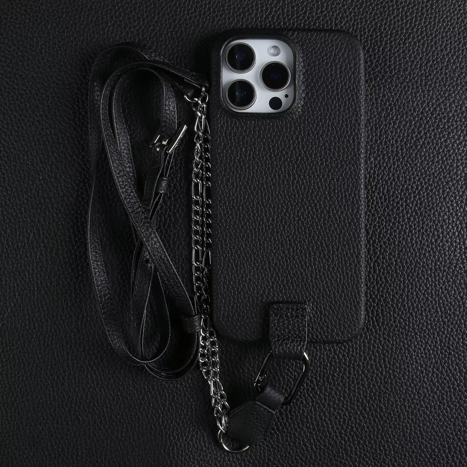 Luxury iPhone Case — Genuine Leather Crossbody Cover with Metal Strap Sling, Shockproof Protective Design and Premium Anti-Slip Finish