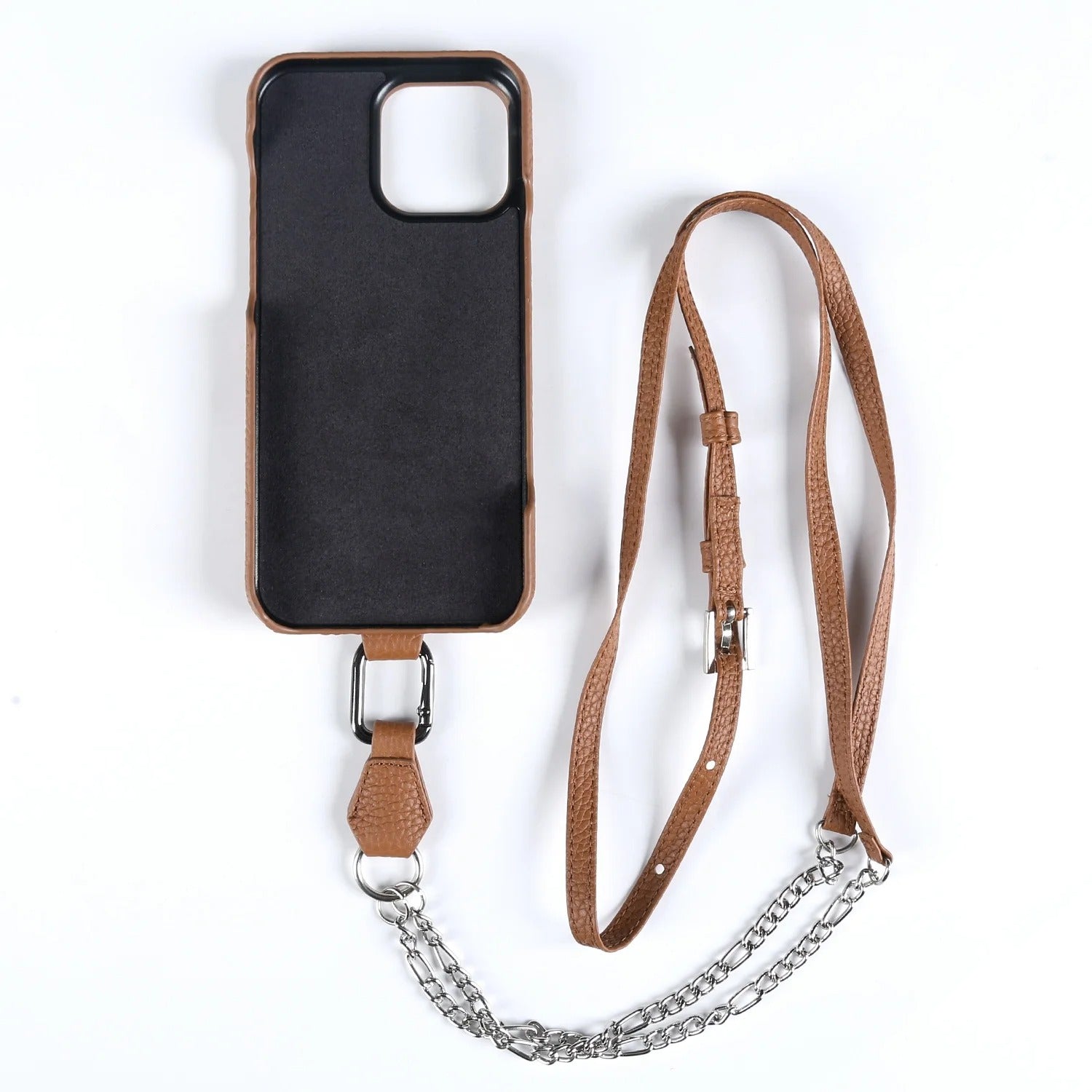 Luxury iPhone Case — Genuine Leather Crossbody Cover with Metal Strap Sling, Shockproof Protective Design and Premium Anti-Slip Finish