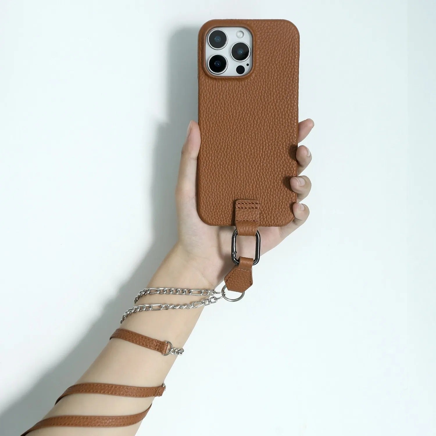 Luxury iPhone Case — Genuine Leather Crossbody Cover with Metal Strap Sling, Shockproof Protective Design and Premium Anti-Slip Finish