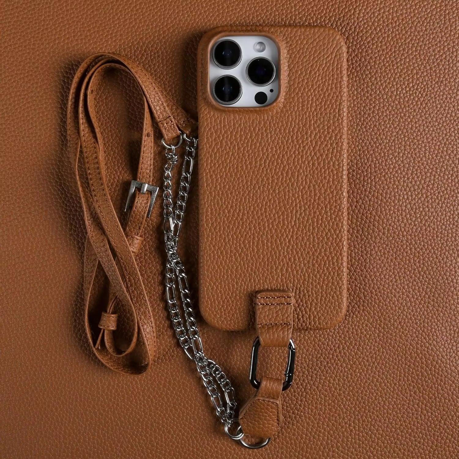 Luxury iPhone Case — Genuine Leather Crossbody Cover with Metal Strap Sling, Shockproof Protective Design and Premium Anti-Slip Finish