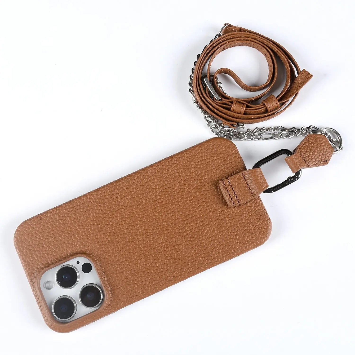 Luxury iPhone Case — Genuine Leather Crossbody Cover with Metal Strap Sling, Shockproof Protective Design and Premium Anti-Slip Finish