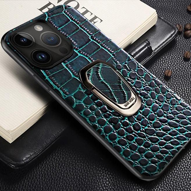 Luxury iPhone Case — Genuine Leather Full-Coverage Back Cover with Ring Stand, Anti-Fingerprint Anti-Scratch Protection & Slim Elegant Design