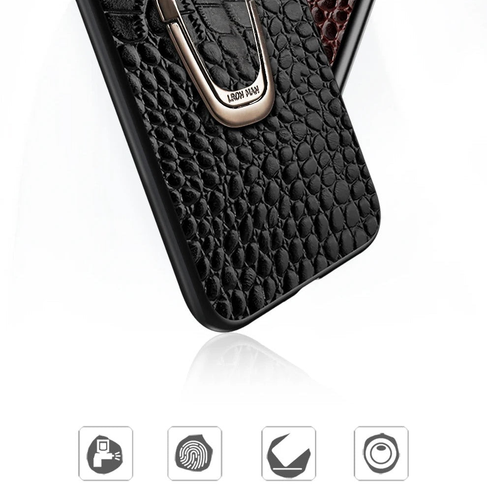 Luxury iPhone Case — Genuine Leather Full-Coverage Back Cover with Ring Stand, Anti-Fingerprint Anti-Scratch Protection & Slim Elegant Design