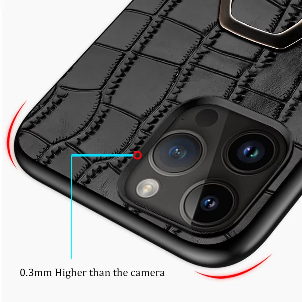 Luxury iPhone Case — Genuine Leather Full-Coverage Back Cover with Ring Stand, Anti-Fingerprint Anti-Scratch Protection & Slim Elegant Design