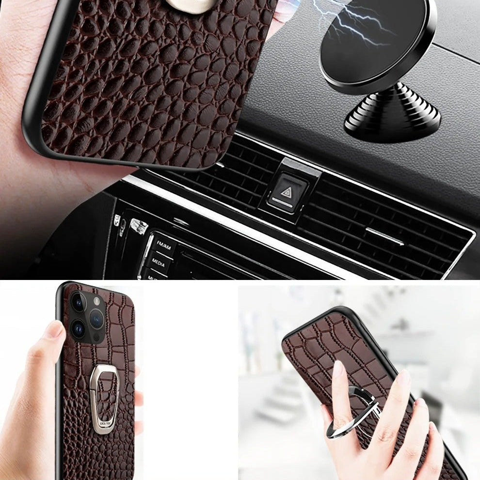 Luxury iPhone Case — Genuine Leather Full-Coverage Back Cover with Ring Stand, Anti-Fingerprint Anti-Scratch Protection & Slim Elegant Design