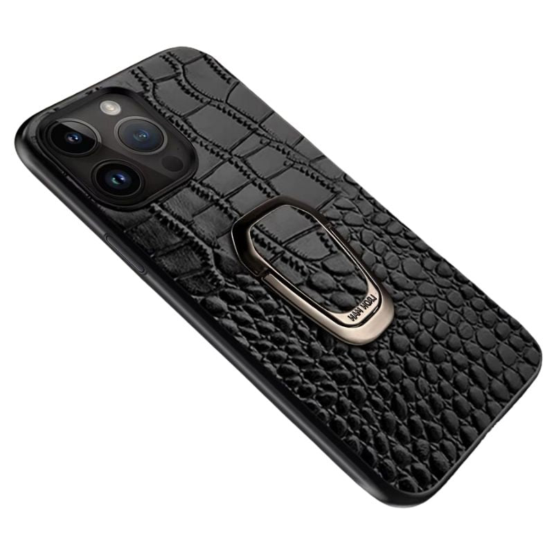 Luxury iPhone Case — Genuine Leather Full-Coverage Back Cover with Ring Stand, Anti-Fingerprint Anti-Scratch Protection & Slim Elegant Design