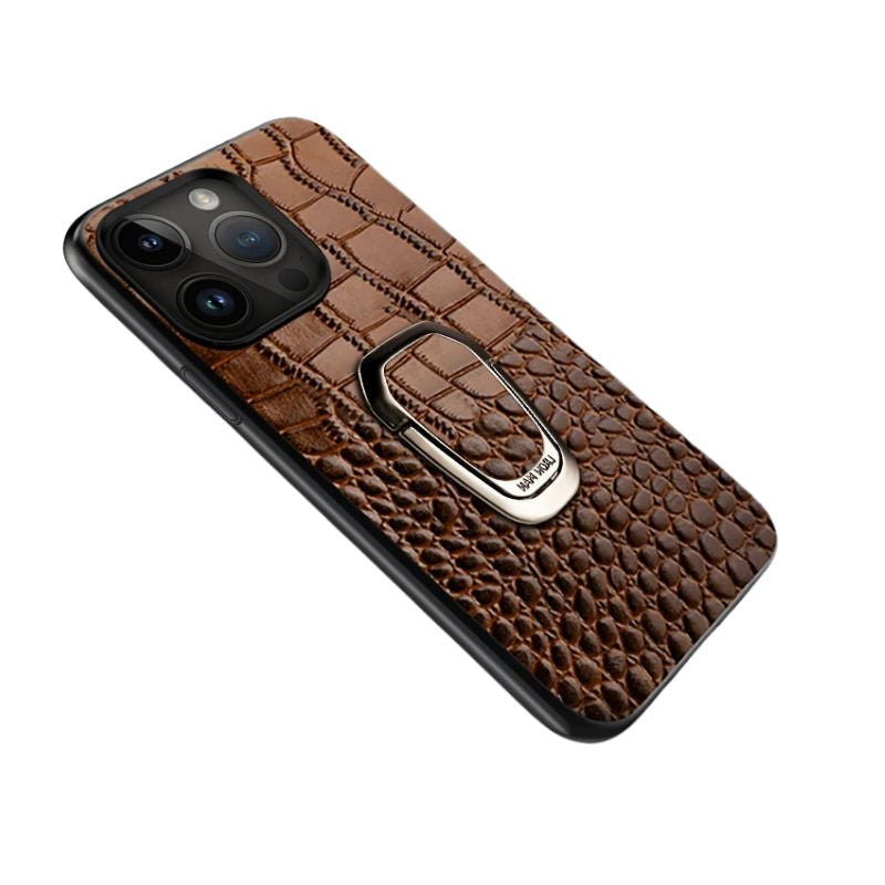 Luxury iPhone Case — Genuine Leather Full-Coverage Back Cover with Ring Stand, Anti-Fingerprint Anti-Scratch Protection & Slim Elegant Design