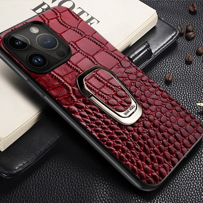 Luxury iPhone Case — Genuine Leather Full-Coverage Back Cover with Ring Stand, Anti-Fingerprint Anti-Scratch Protection & Slim Elegant Design