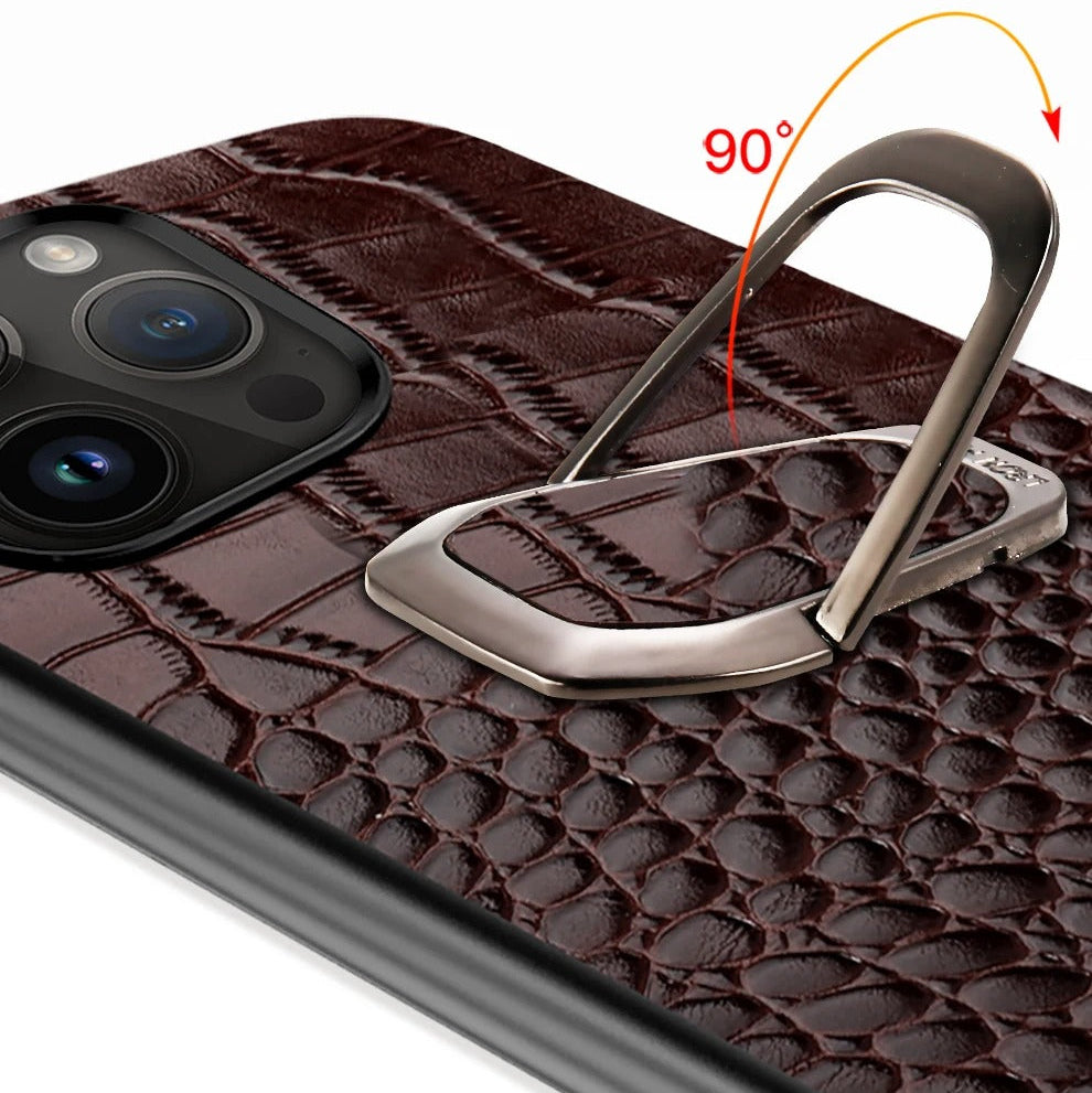 Luxury iPhone Case — Genuine Leather Full-Coverage Back Cover with Ring Stand, Anti-Fingerprint Anti-Scratch Protection & Slim Elegant Design