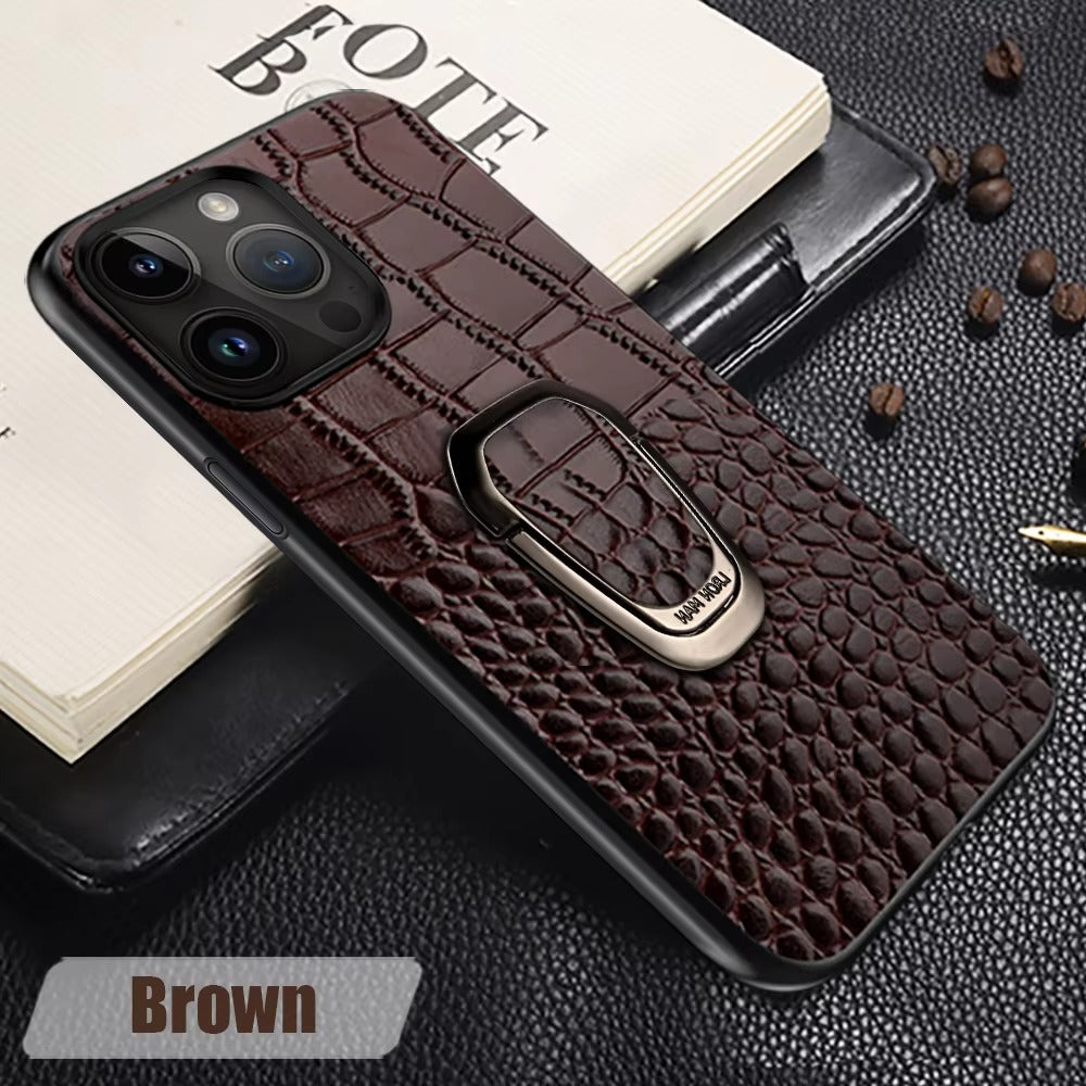 Luxury iPhone Case — Genuine Leather Full-Coverage Back Cover with Ring Stand, Anti-Fingerprint Anti-Scratch Protection & Slim Elegant Design