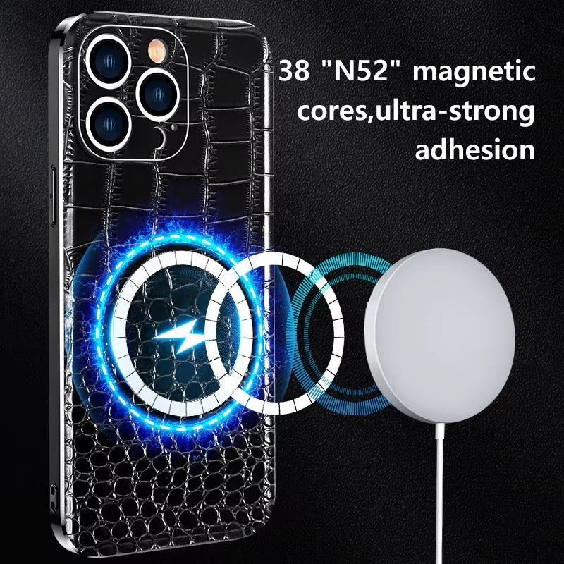 Luxury iPhone Case — Genuine Leather MagSafe Cover with 38-Magnet Wireless Charging Support, Full-Coverage Anti-Scratch Protection & Soft TPU Shock-Resistant Edges