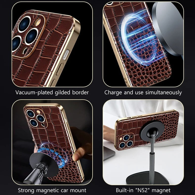 Luxury iPhone Case — Genuine Leather MagSafe Cover with 38-Magnet Wireless Charging Support, Full-Coverage Anti-Scratch Protection & Soft TPU Shock-Resistant Edges