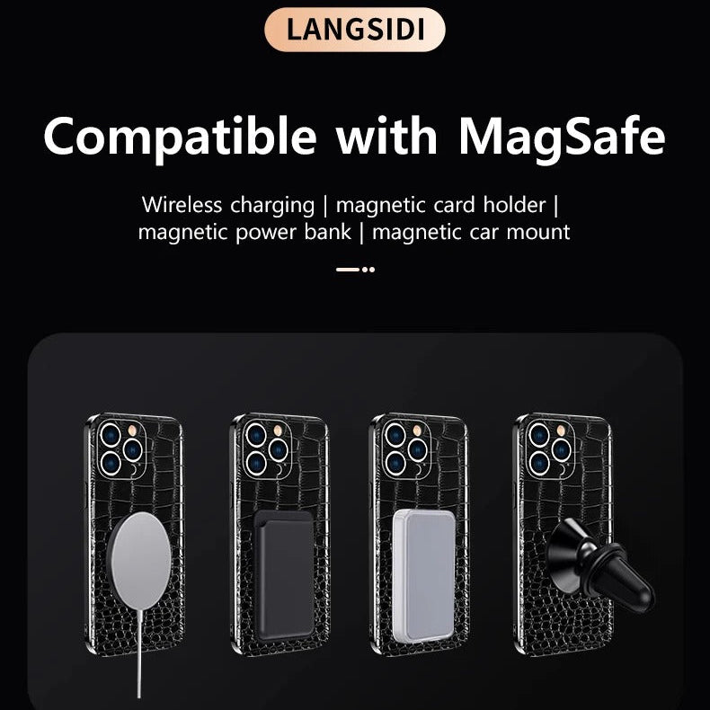 Luxury iPhone Case — Genuine Leather MagSafe Cover with 38-Magnet Wireless Charging Support, Full-Coverage Anti-Scratch Protection & Soft TPU Shock-Resistant Edges