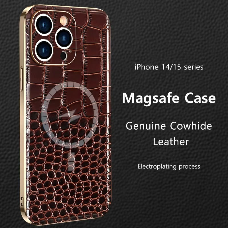Luxury iPhone Case — Genuine Leather MagSafe Cover with 38-Magnet Wireless Charging Support, Full-Coverage Anti-Scratch Protection & Soft TPU Shock-Resistant Edges