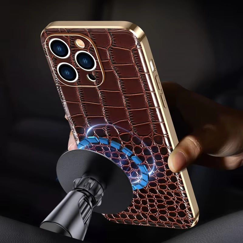 Luxury iPhone Case — Genuine Leather MagSafe Cover with 38-Magnet Wireless Charging Support, Full-Coverage Anti-Scratch Protection & Soft TPU Shock-Resistant Edges