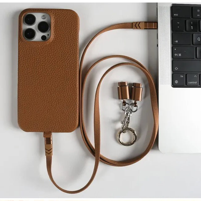 Luxury iPhone Case — Genuine Leather MagSafe Cover with Lanyard USB Charging Strap, Full-Protection Design and Premium Anti-Fingerprint Finish