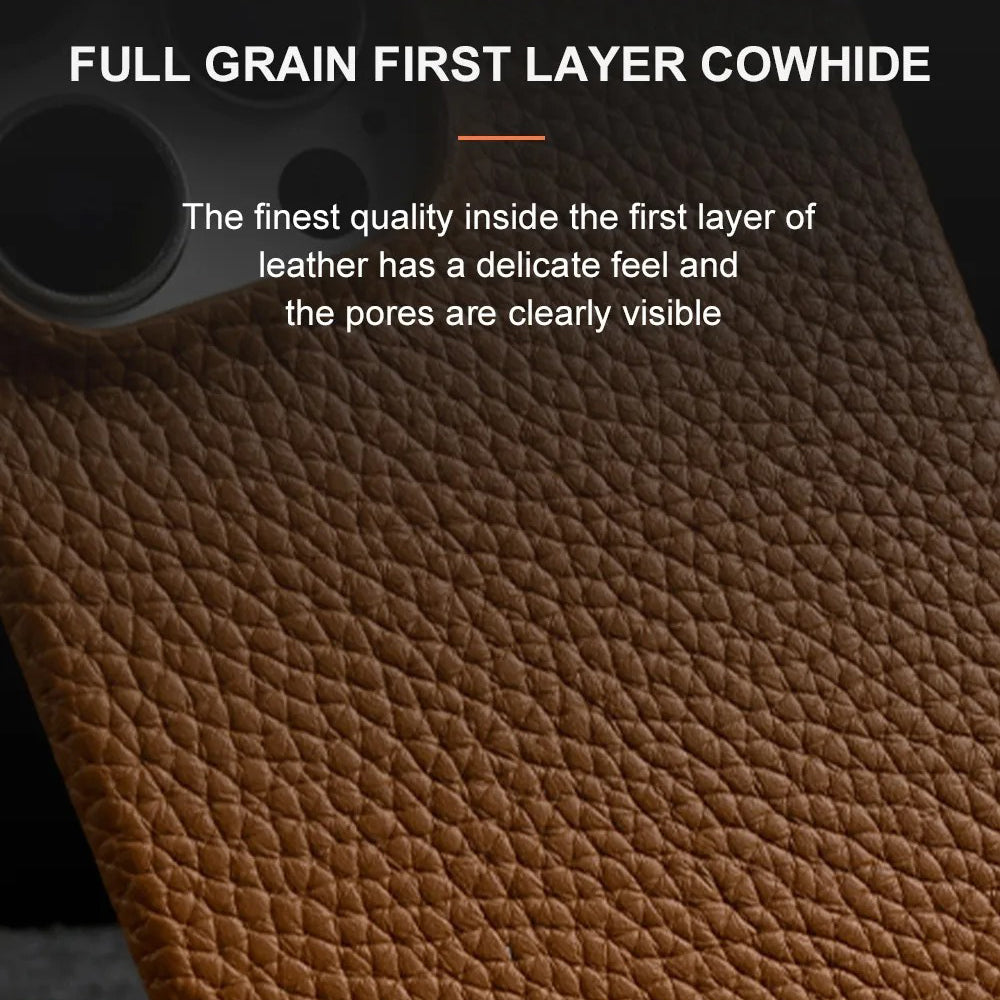 Luxury iPhone Case — Genuine Leather MagSafe Cover with Lanyard USB Charging Strap, Full-Protection Design and Premium Anti-Fingerprint Finish