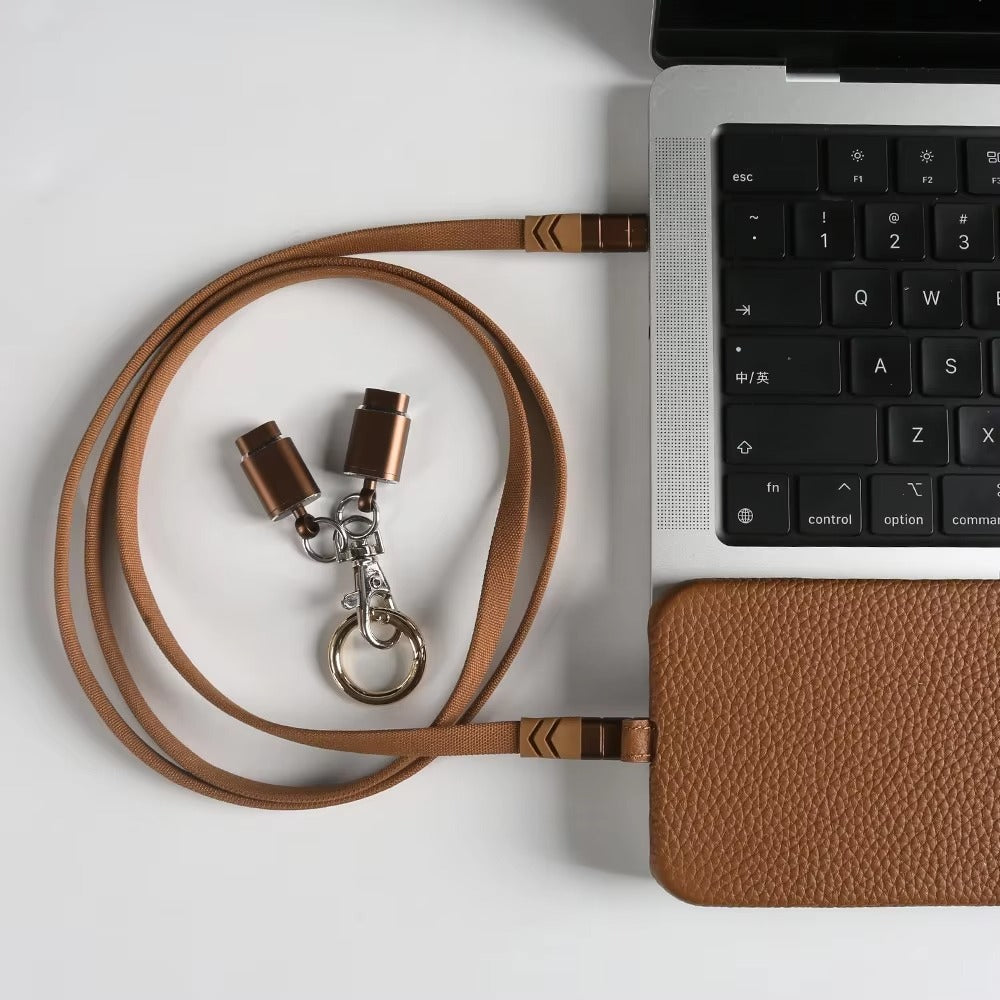 Luxury iPhone Case — Genuine Leather MagSafe Cover with Lanyard USB Charging Strap, Full-Protection Design and Premium Anti-Fingerprint Finish