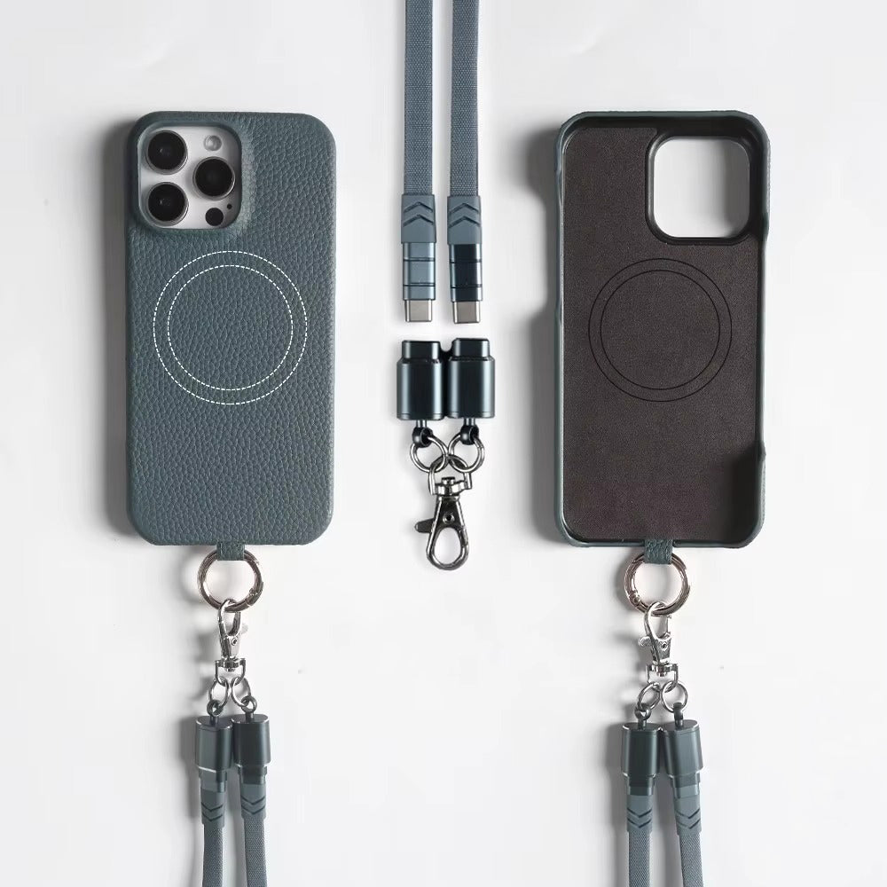 Luxury iPhone Case — Genuine Leather MagSafe Cover with Lanyard USB Charging Strap, Full-Protection Design and Premium Anti-Fingerprint Finish