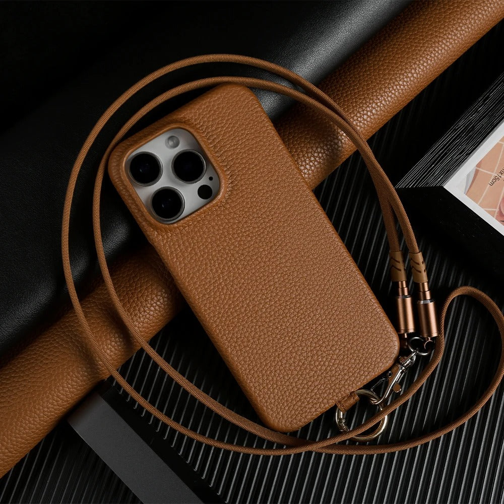 Luxury iPhone Case — Genuine Leather MagSafe Cover with Lanyard USB Charging Strap, Full-Protection Design and Premium Anti-Fingerprint Finish