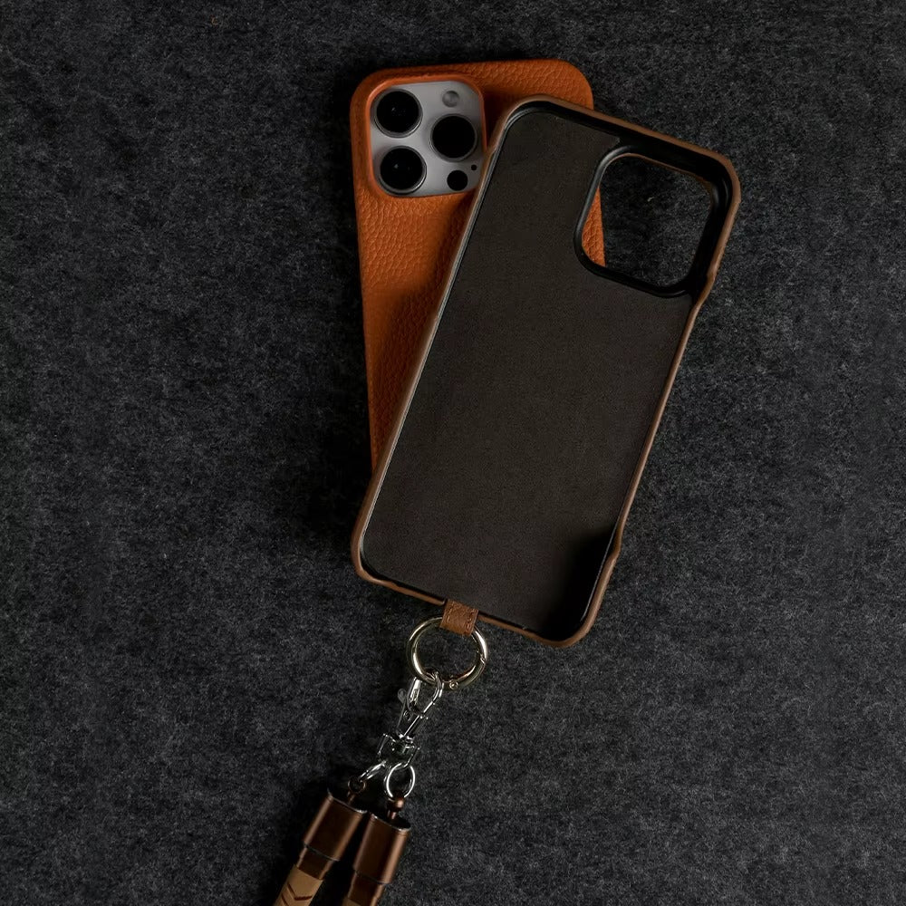 Luxury iPhone Case — Genuine Leather MagSafe Cover with Lanyard USB Charging Strap, Full-Protection Design and Premium Anti-Fingerprint Finish