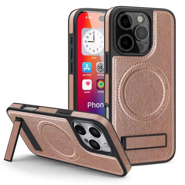 Luxury iPhone Case — Genuine Leather MagSafe Cover with Magnetic Holder Stand, Full-Coverage Shockproof Protection, Anti-Fingerprint Dustproof Non-Slip Design