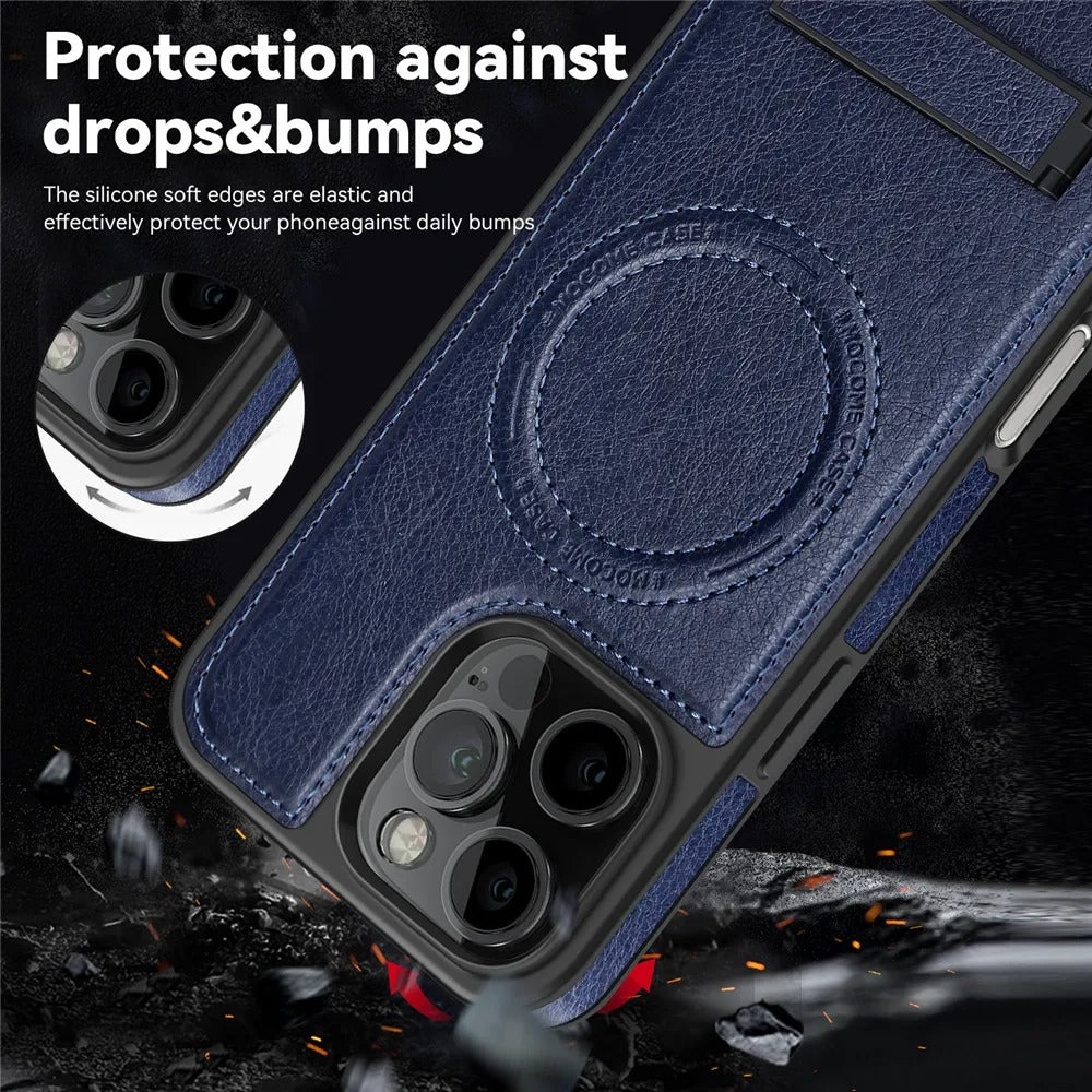 Luxury iPhone Case — Genuine Leather MagSafe Cover with Magnetic Holder Stand, Full-Coverage Shockproof Protection, Anti-Fingerprint Dustproof Non-Slip Design