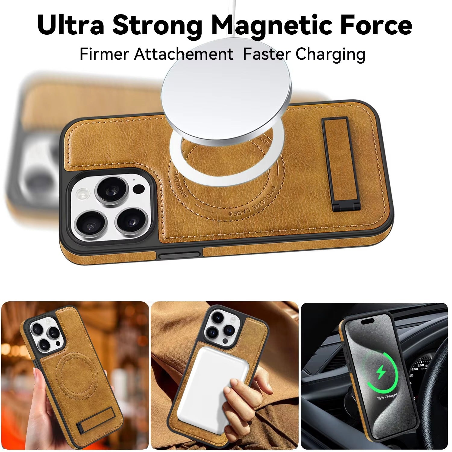 Luxury iPhone Case — Genuine Leather MagSafe Cover with Magnetic Holder Stand, Full-Coverage Shockproof Protection, Anti-Fingerprint Dustproof Non-Slip Design