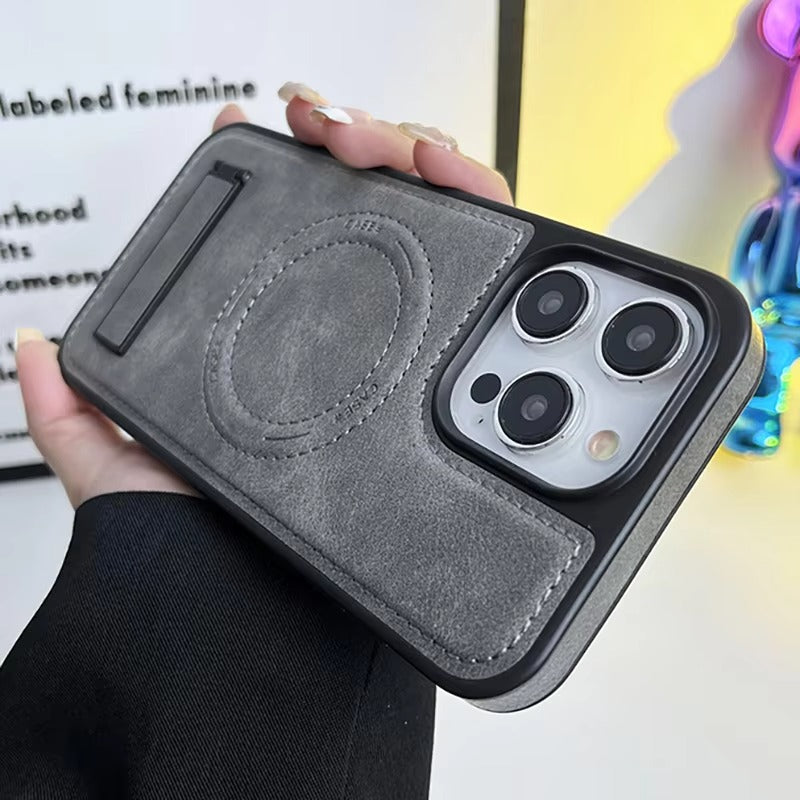 Luxury iPhone Case — Genuine Leather MagSafe Cover with Magnetic Holder Stand, Full-Coverage Shockproof Protection, Anti-Fingerprint Dustproof Non-Slip Design