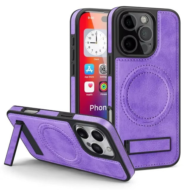 Luxury iPhone Case — Genuine Leather MagSafe Cover with Magnetic Holder Stand, Full-Coverage Shockproof Protection, Anti-Fingerprint Dustproof Non-Slip Design