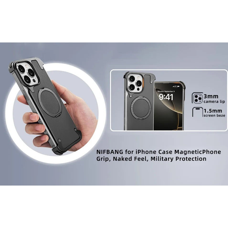 Luxury iPhone Case — Genuine Leather MagSafe Frameless Cover with 360° Rotating Magnetic Stand, Shockproof Anti-Drop Non-Slip Design