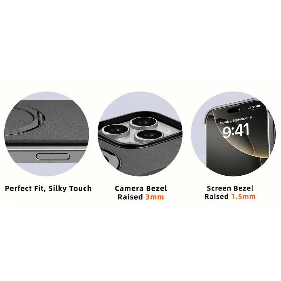 Luxury iPhone Case — Genuine Leather MagSafe Frameless Cover with 360° Rotating Magnetic Stand, Shockproof Anti-Drop Non-Slip Designv