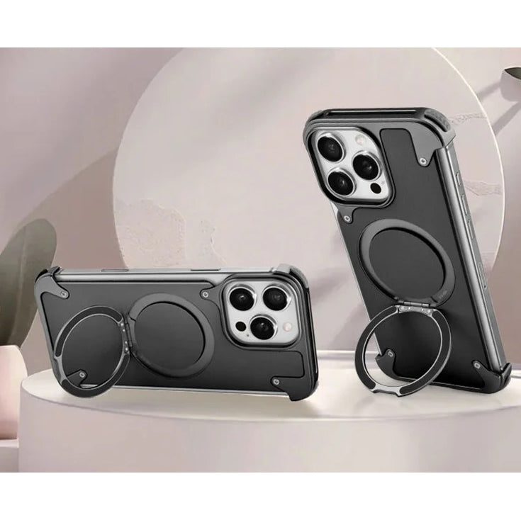 Luxury iPhone Case — Genuine Leather MagSafe Frameless Cover with 360° Rotating Magnetic Stand, Shockproof Anti-Drop Non-Slip Design