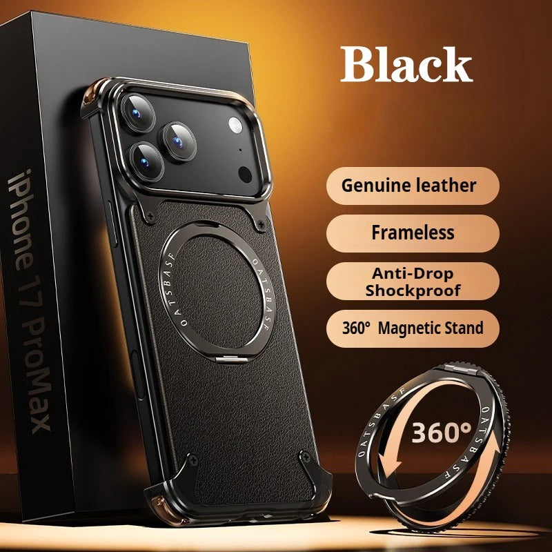 Luxury iPhone Case — Genuine Leather MagSafe Frameless Cover with 360° Rotating Magnetic Stand, Shockproof Anti-Drop Non-Slip Design