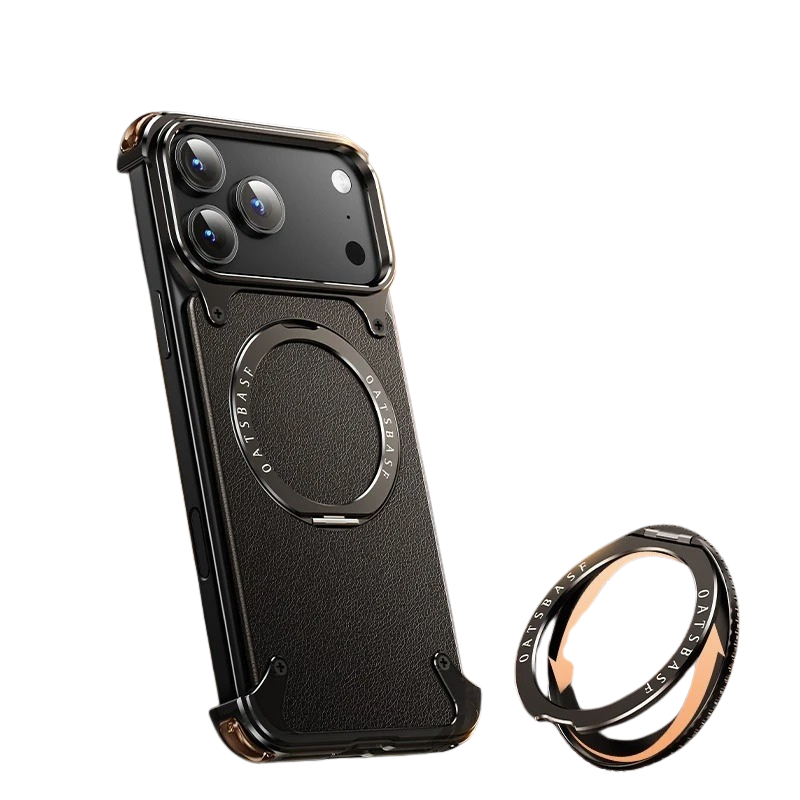 Luxury iPhone Case — Genuine Leather MagSafe Frameless Cover with 360° Rotating Magnetic Stand, Shockproof Anti-Drop Non-Slip Design