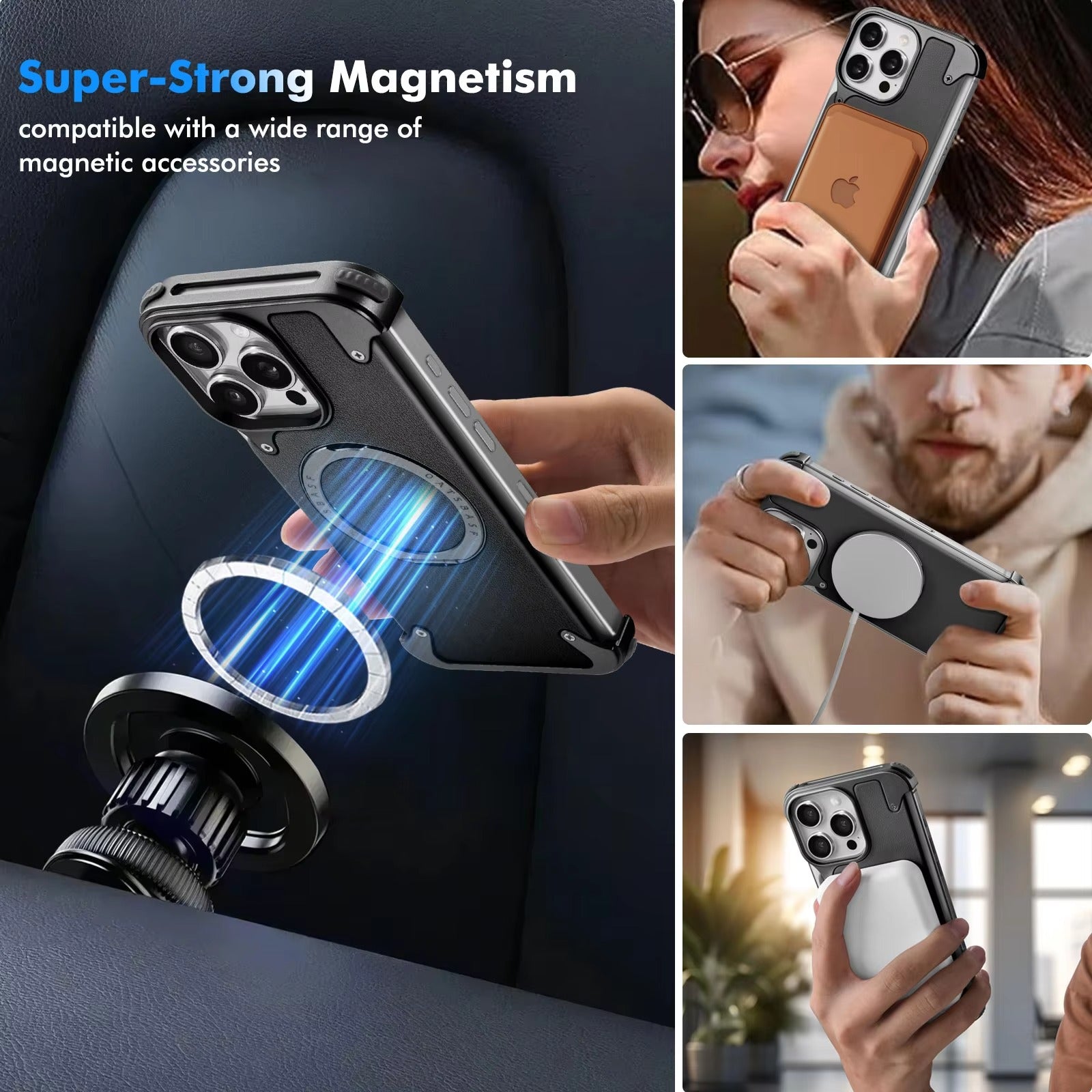 Luxury iPhone Case — Genuine Leather MagSafe Frameless Cover with 360° Rotating Magnetic Stand, Shockproof Anti-Drop Non-Slip Design
