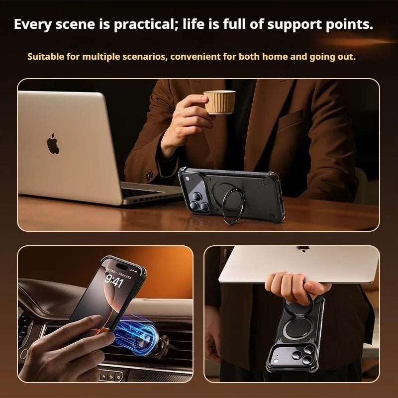 Luxury iPhone Case — Genuine Leather MagSafe Frameless Cover with 360° Rotating Magnetic Stand, Shockproof Anti-Drop Non-Slip Design