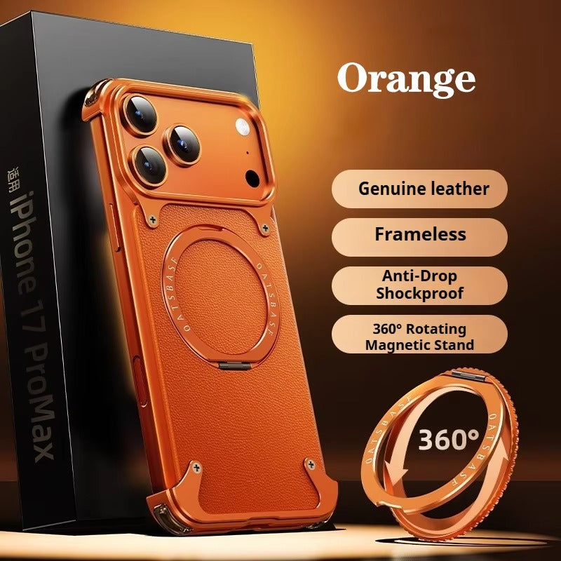 Luxury iPhone Case — Genuine Leather MagSafe Frameless Cover with 360° Rotating Magnetic Stand, Shockproof Anti-Drop Non-Slip Design