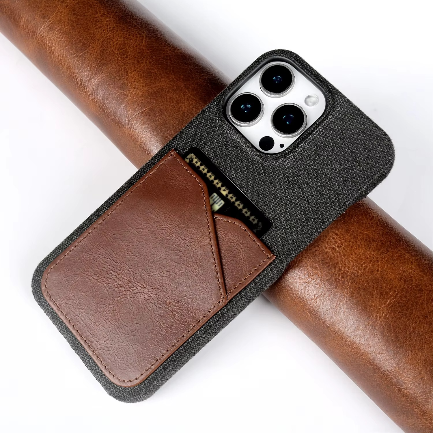 Luxury iPhone Case — Genuine Leather and Cloth Card Slot Cover with Vintage Retro Design, Lightweight Anti-Scratch Non-Slip Protection