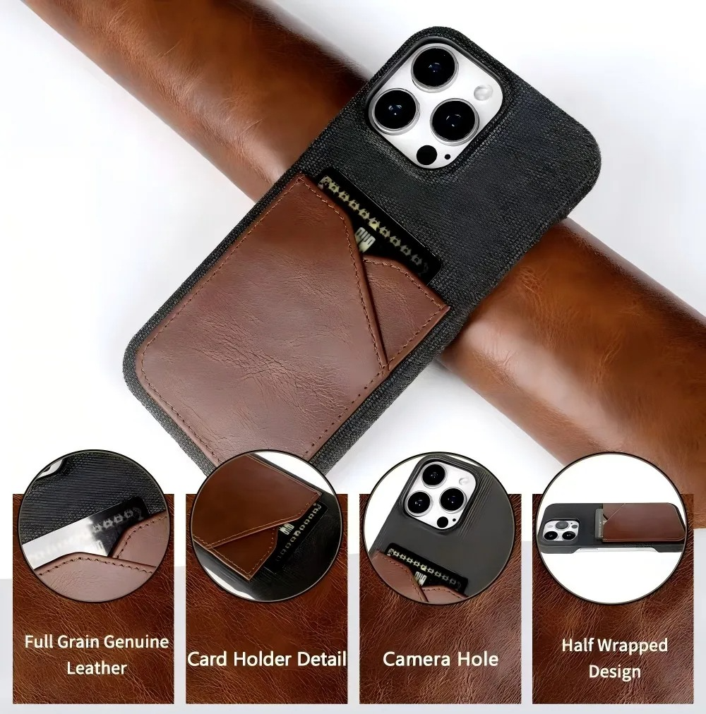Luxury iPhone Case — Genuine Leather and Cloth Card Slot Cover with Vintage Retro Design, Lightweight Anti-Scratch Non-Slip Protection